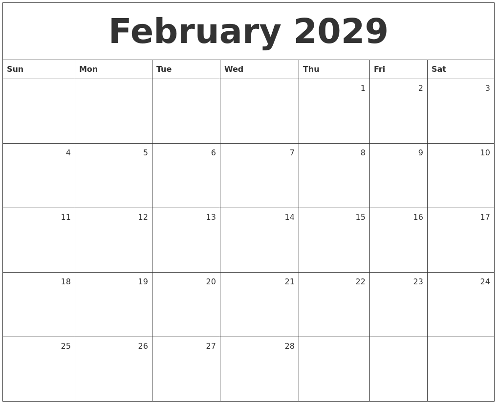 February 2029 Monthly Calendar