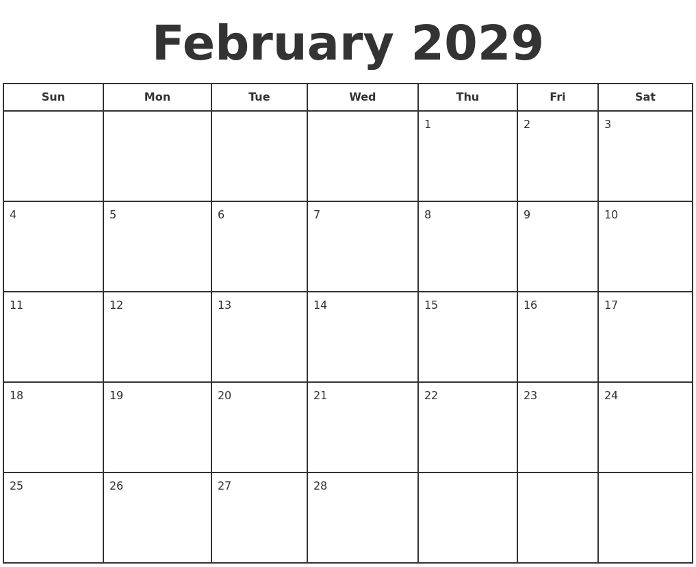February 2029 Print A Calendar