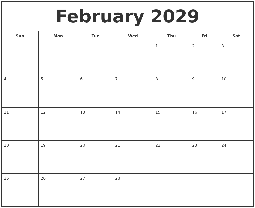 February 2029 Print Free Calendar