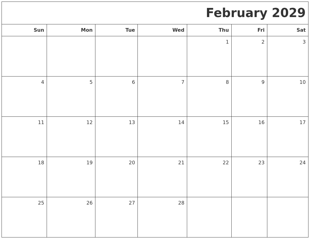 February 2029 Printable Blank Calendar