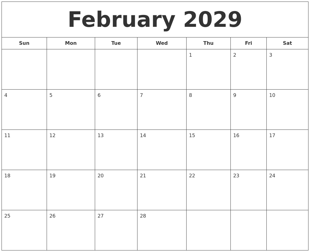 February 2029 Printable Calendar