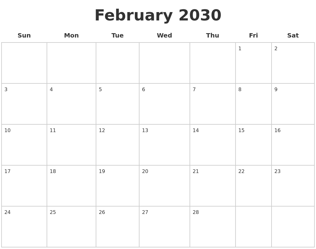 February 2030 Blank Calendar Pages