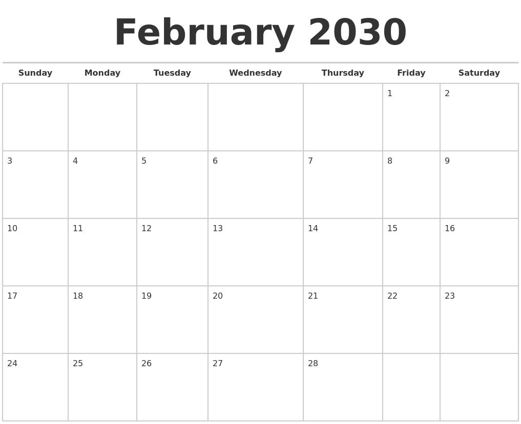 February 2030 Calendars Free