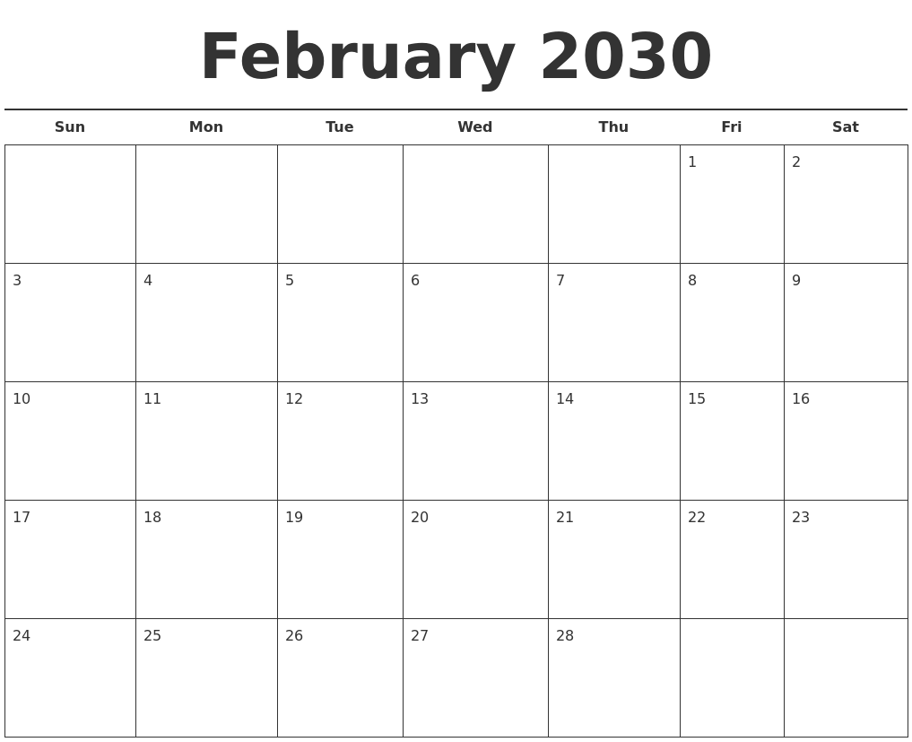 february 2030 free calendar template