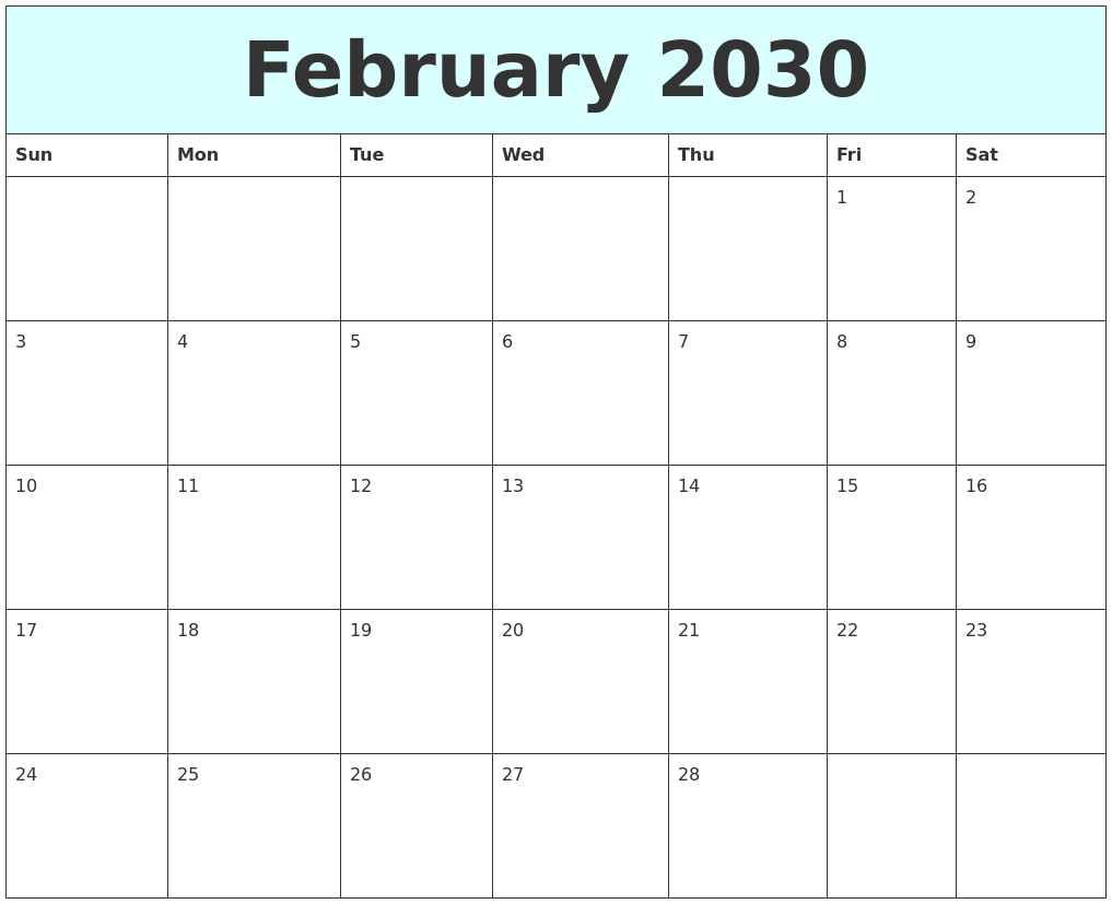 February 2030 Free Calendar