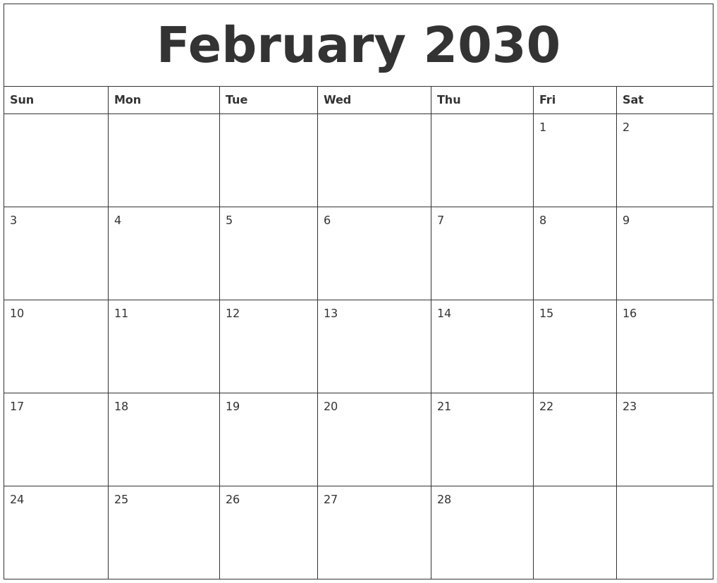 February 2030 Free Printable Monthly Calendar