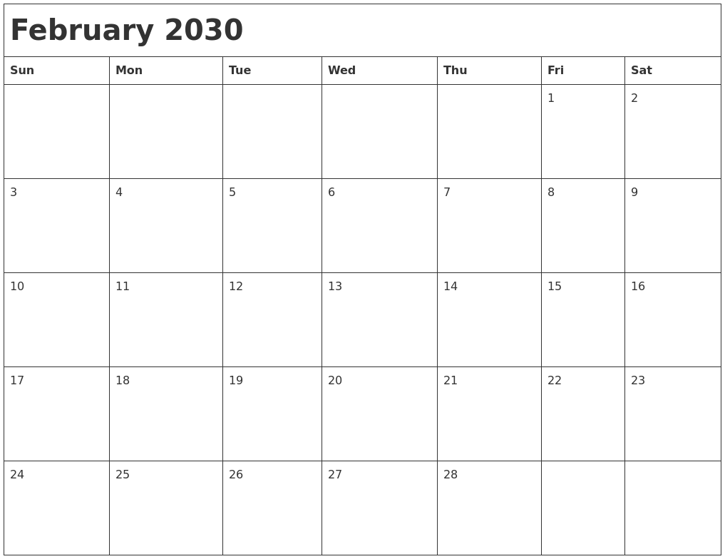 February 2030 Month Calendar