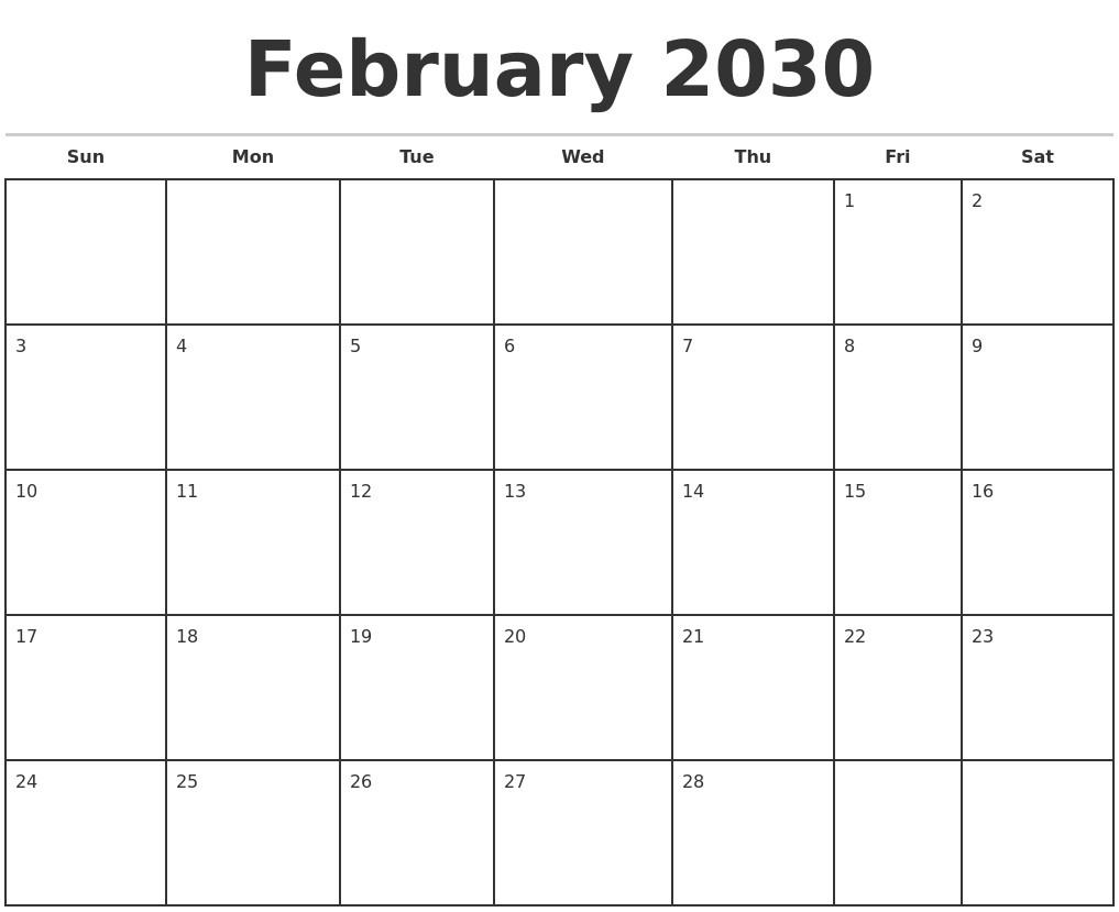 February 2030 Monthly Calendar Template