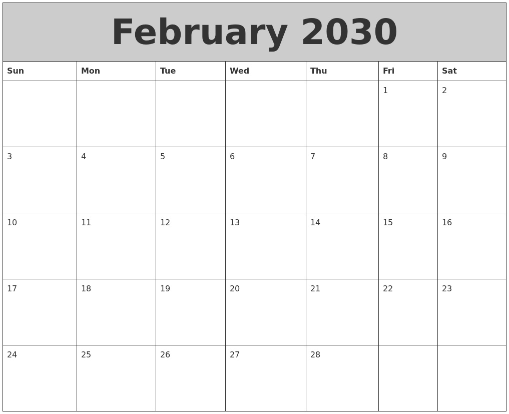 February 2030 My Calendar