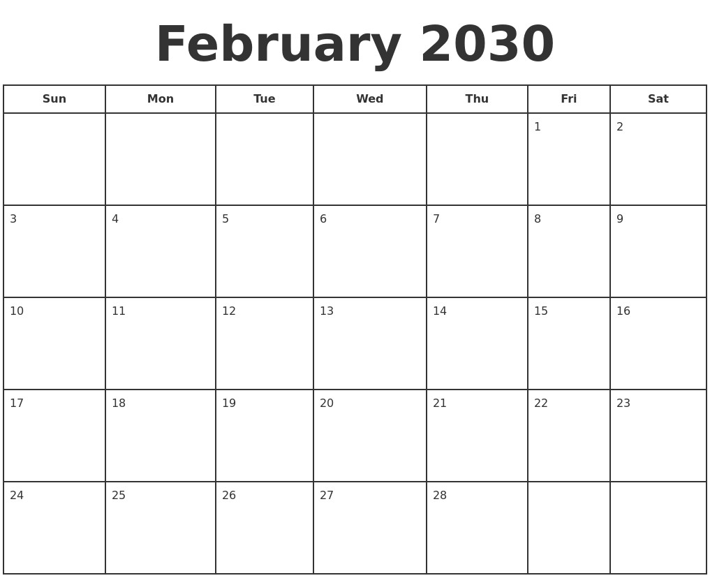 February 2030 Print A Calendar