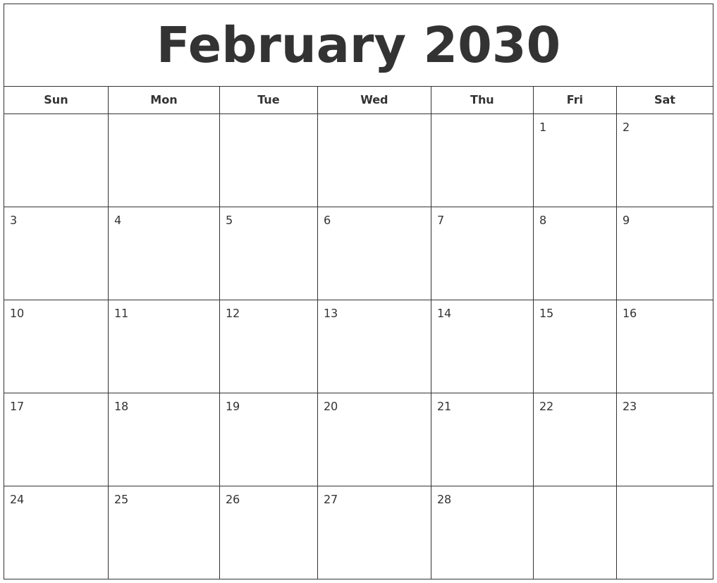 February 2030 Printable Calendar