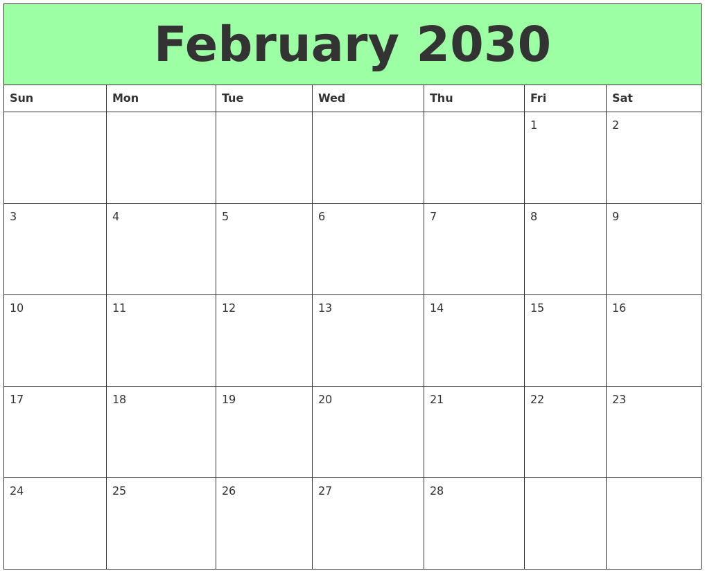 February 2030 Printable Calendars