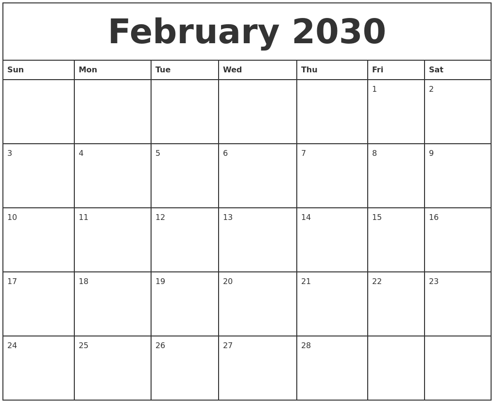February 2030 Printable Monthly Calendar