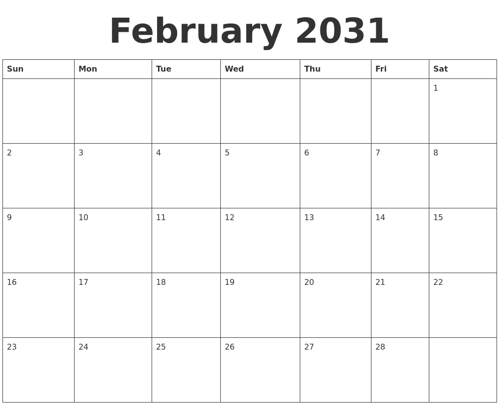 February 2031 Blank Calendar Template