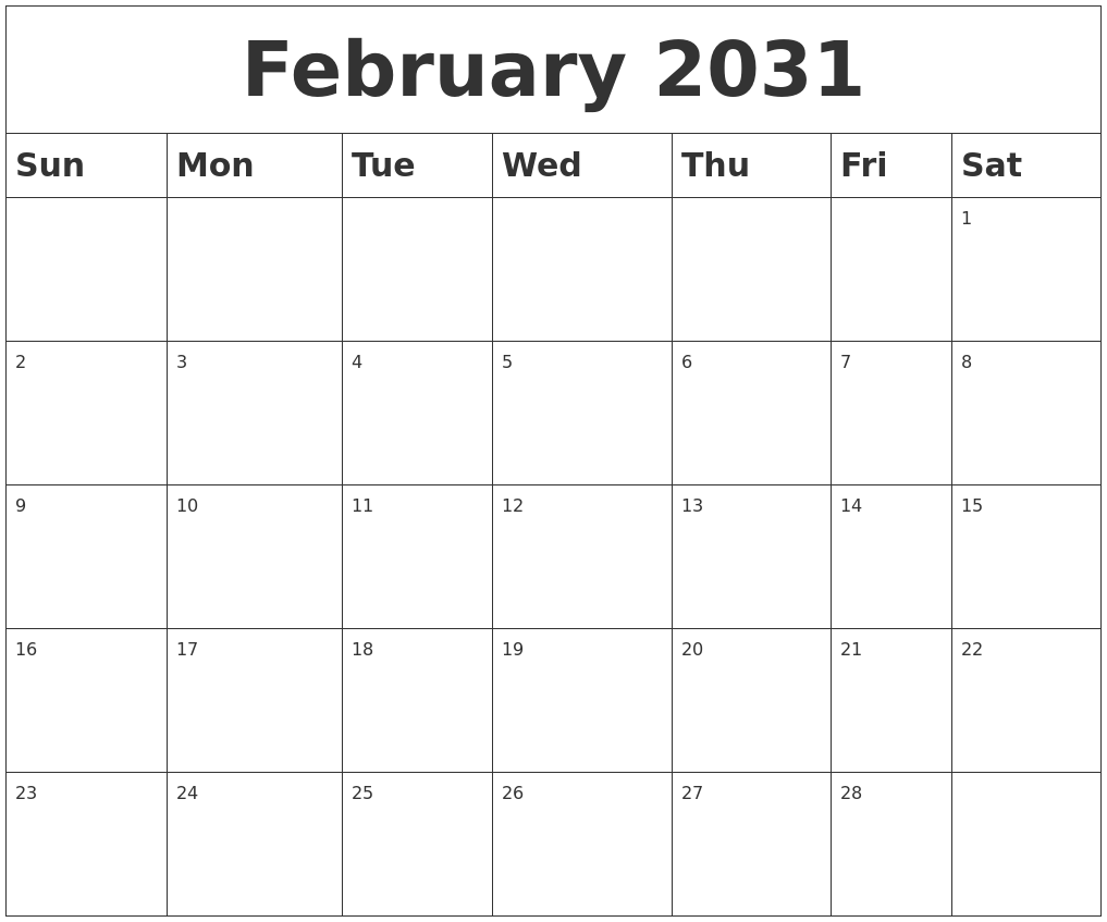 February 2031 Blank Calendar