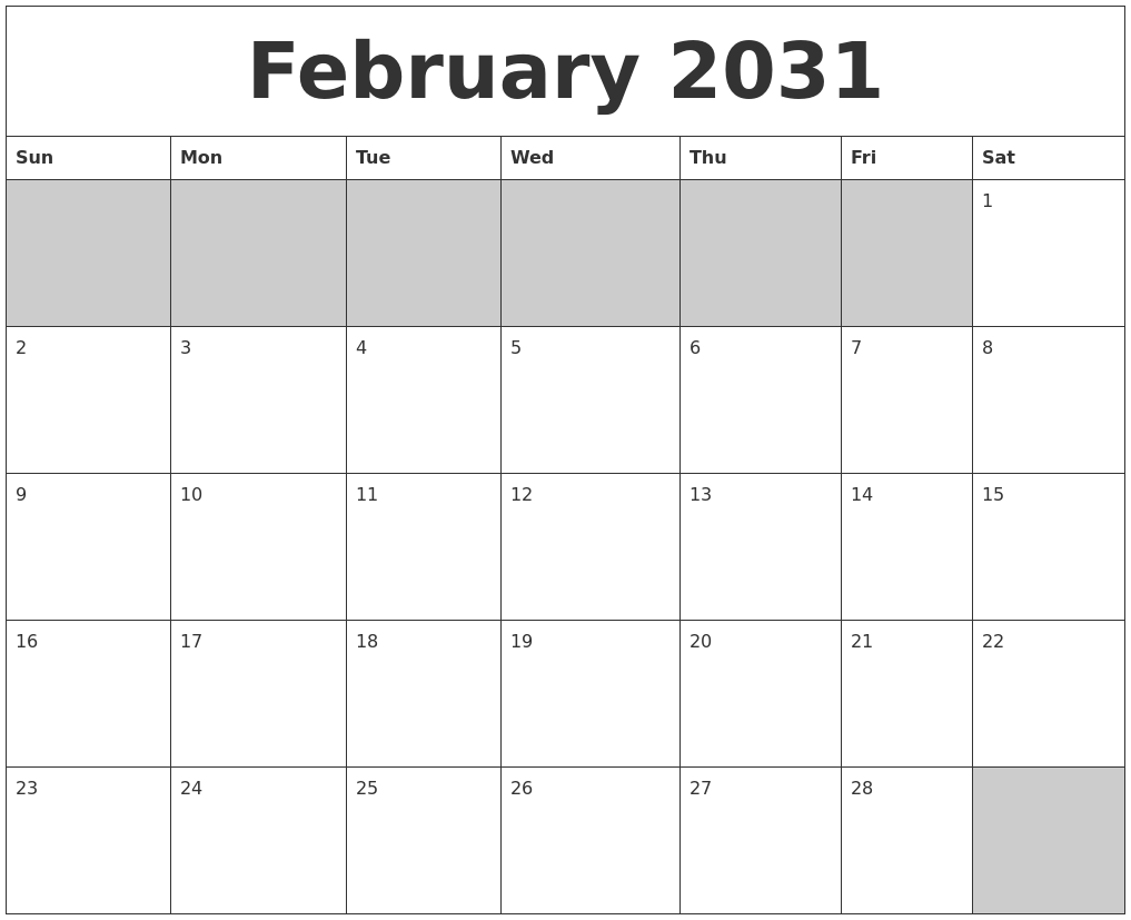 February 2031 Blank Printable Calendar