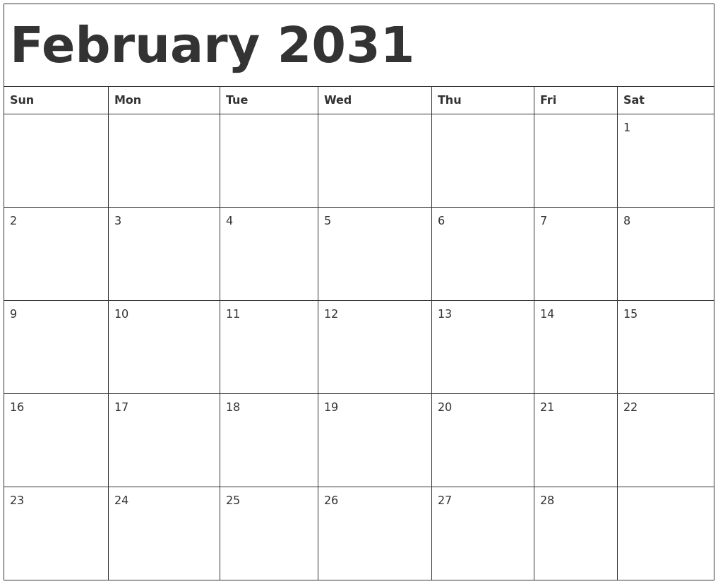 February 2031 Calendar Template