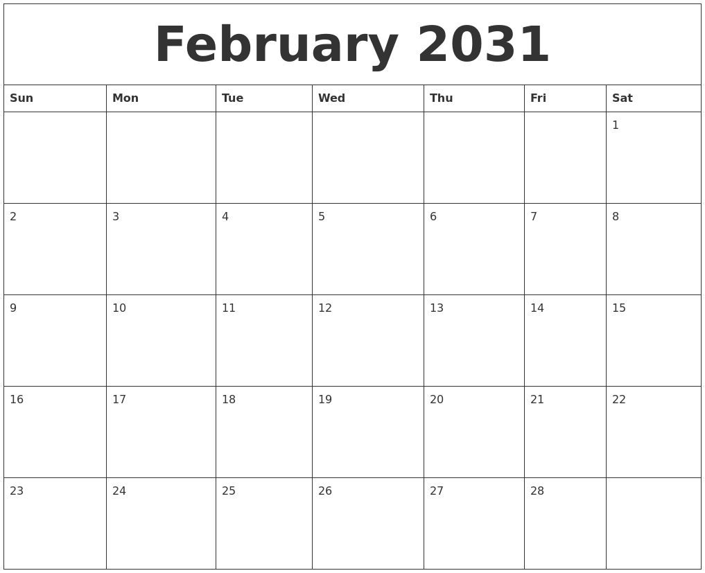 February 2031 Calendar