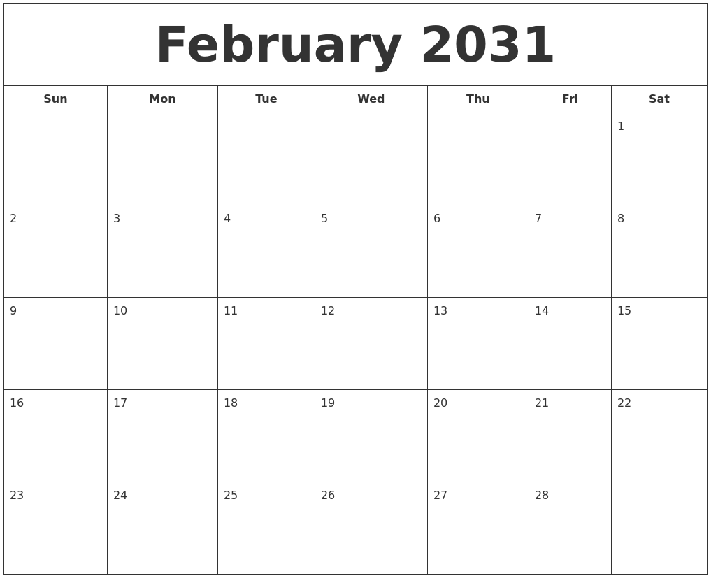 February 2031 Printable Calendar