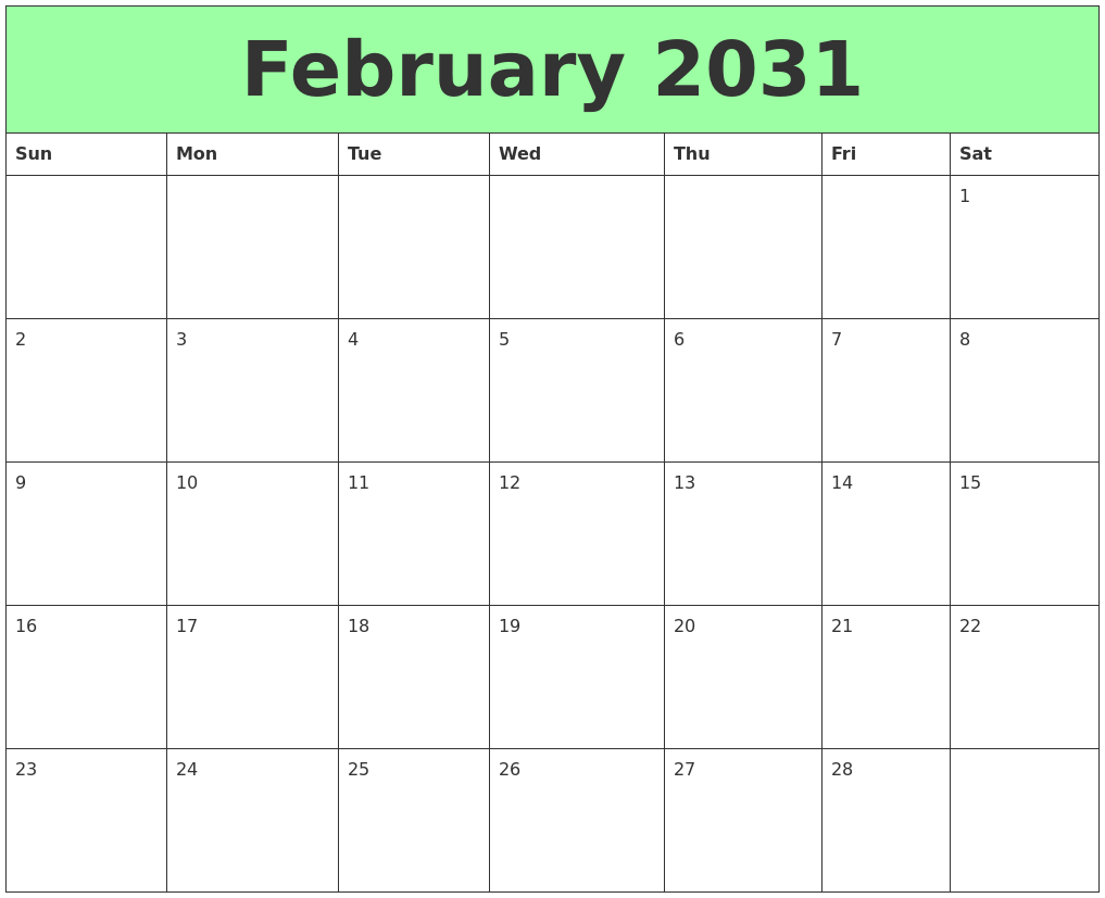 February 2031 Printable Calendars