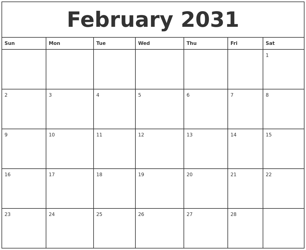 February 2031 Printable Monthly Calendar