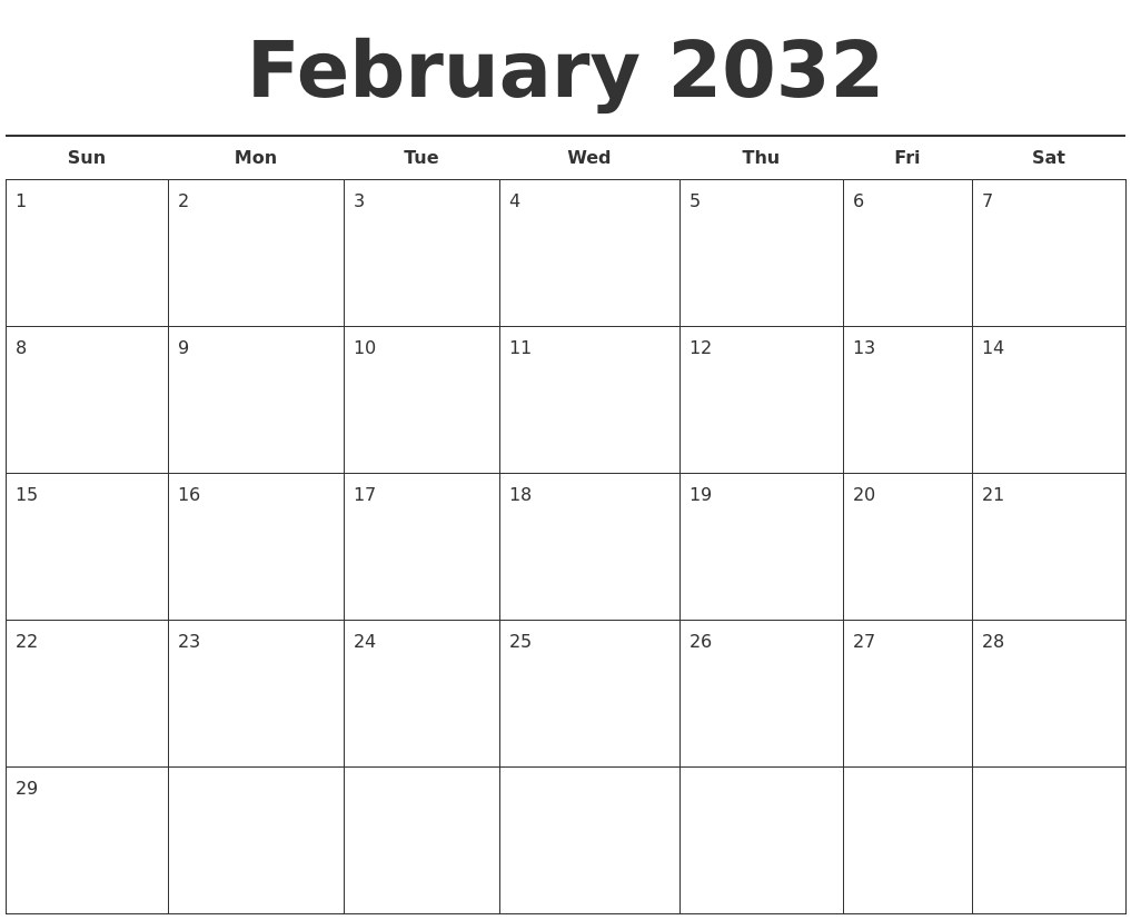 February 2032 Free Calendar Template