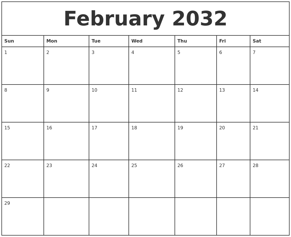 February 2032 Printable Monthly Calendar
