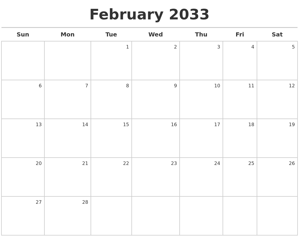 February 2033 Calendar Maker