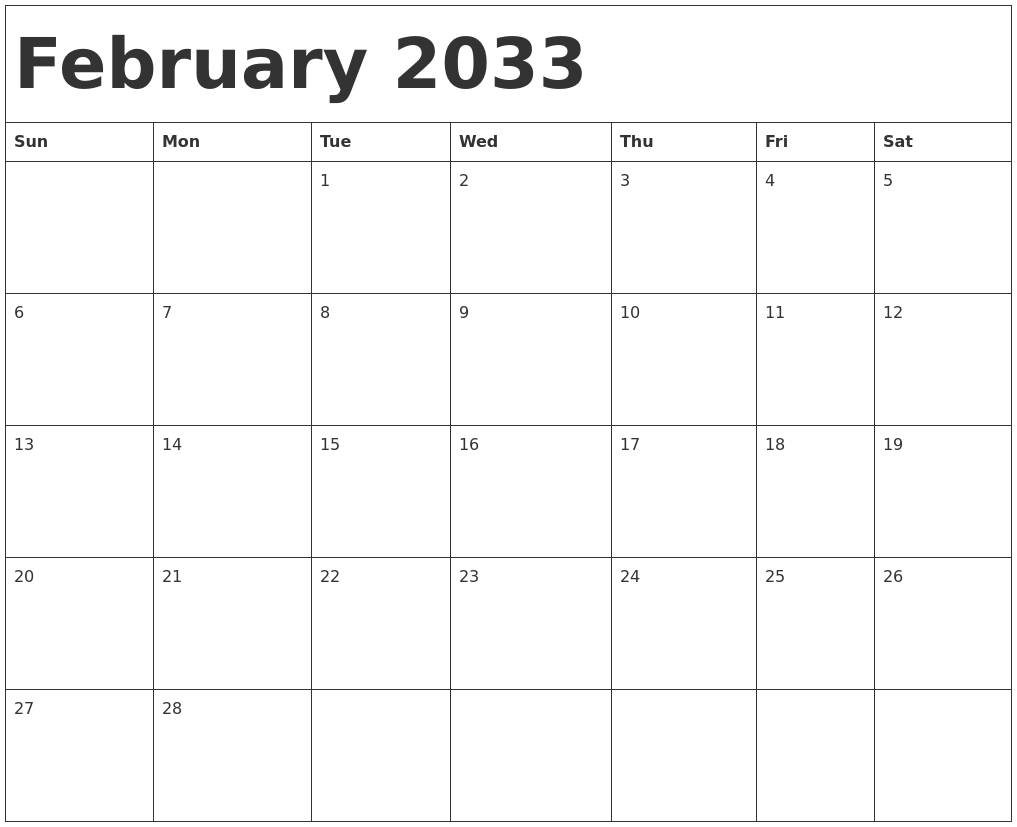 February 2033 Calendar Template