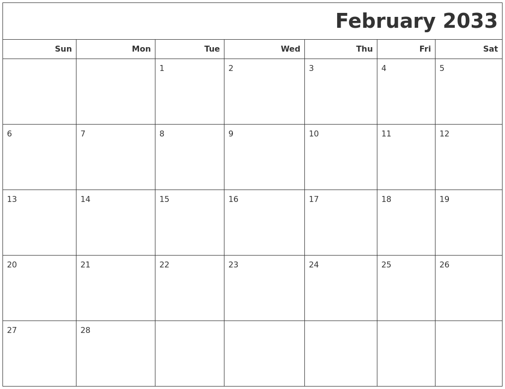 February 2033 Calendars To Print