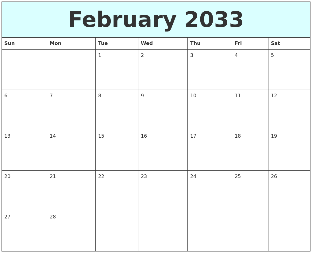 February 2033 Free Calendar