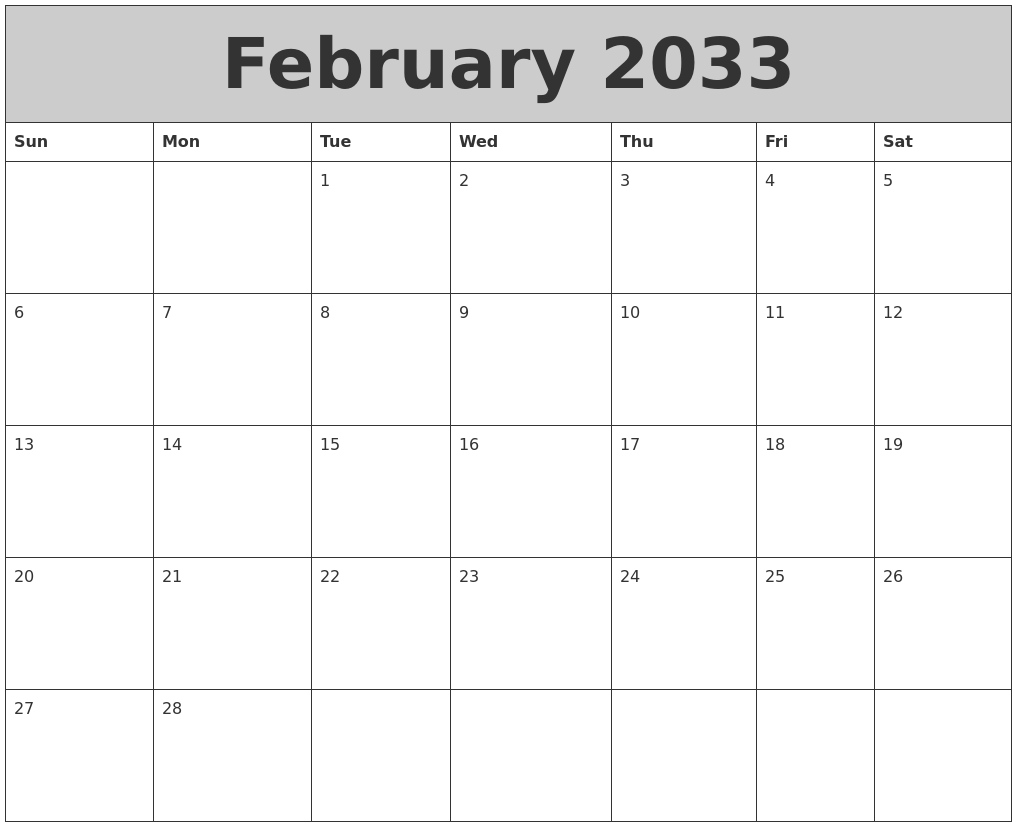 February 2033 My Calendar
