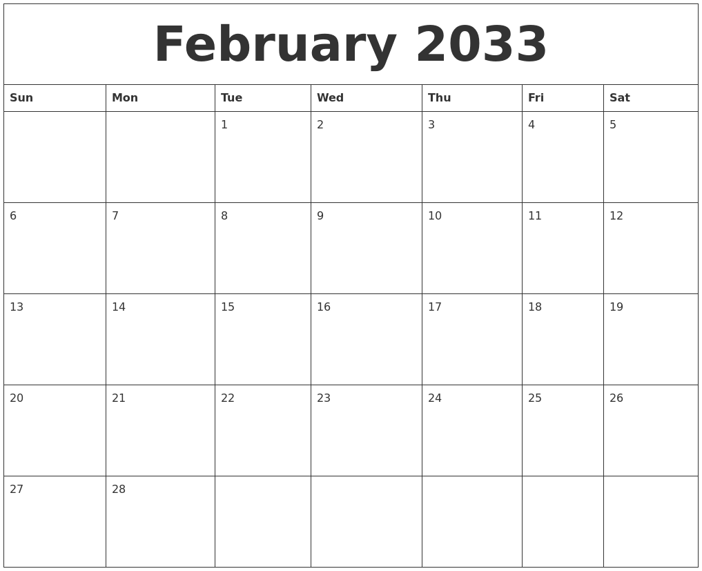 February 2033 Print Online Calendar
