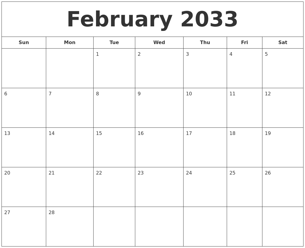 February 2033 Printable Calendar
