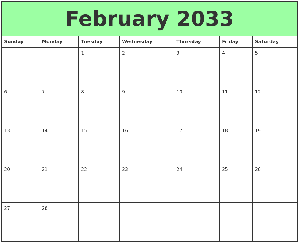February 2033 Printable Calendars