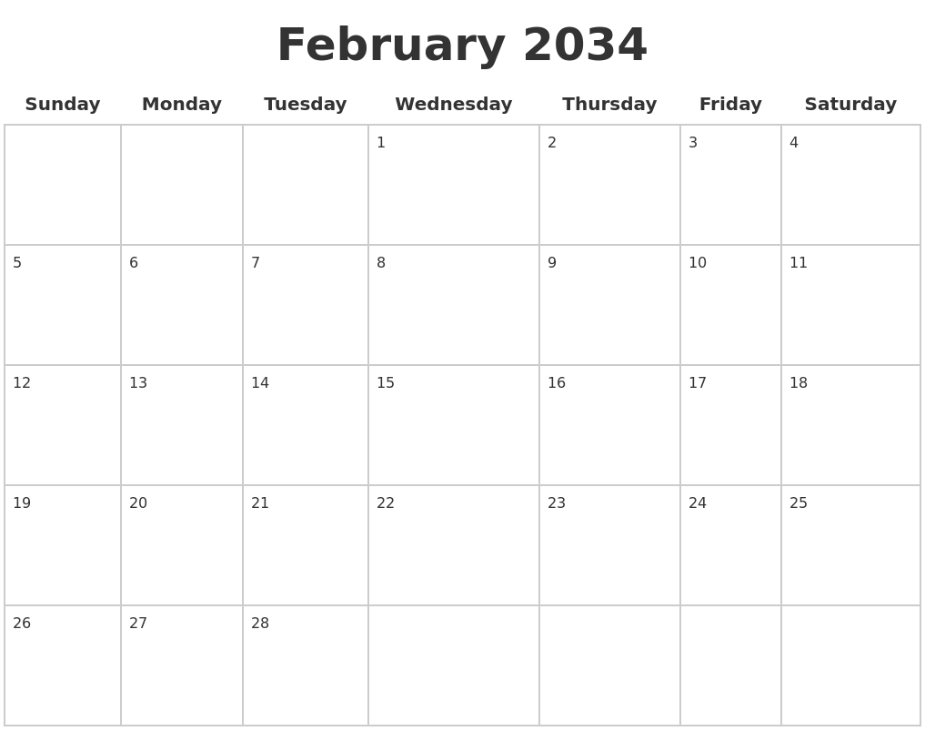 February 2034 Blank Calendar Pages