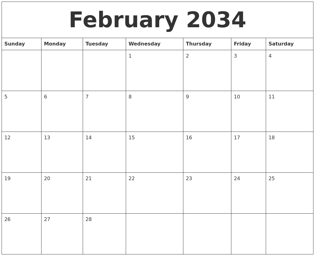 February 2034 Calendar Month