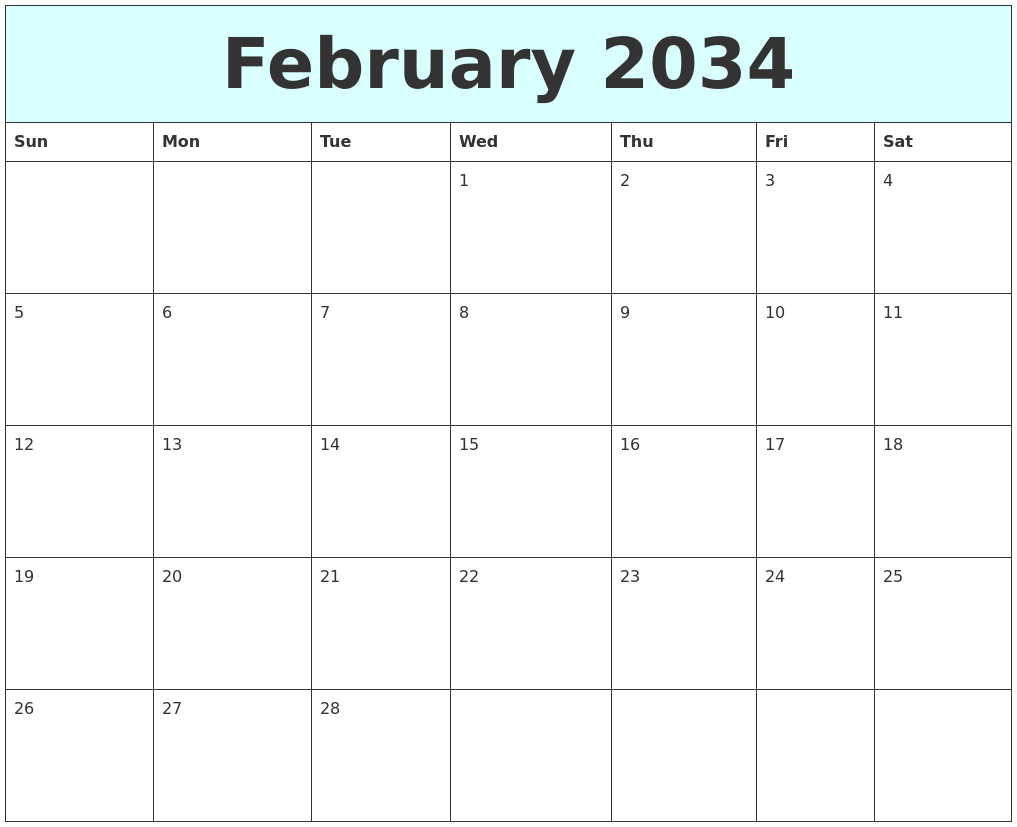 February 2034 Free Calendar