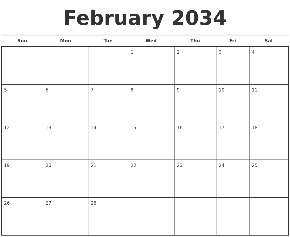 February 2034 Monthly Calendar Template