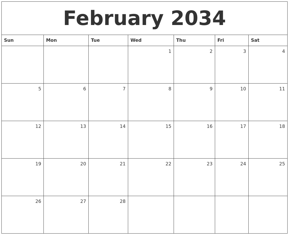 February 2034 Monthly Calendar