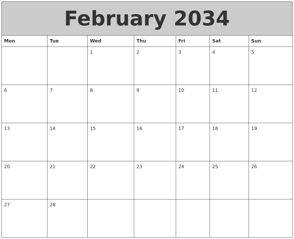 February 2034 My Calendar