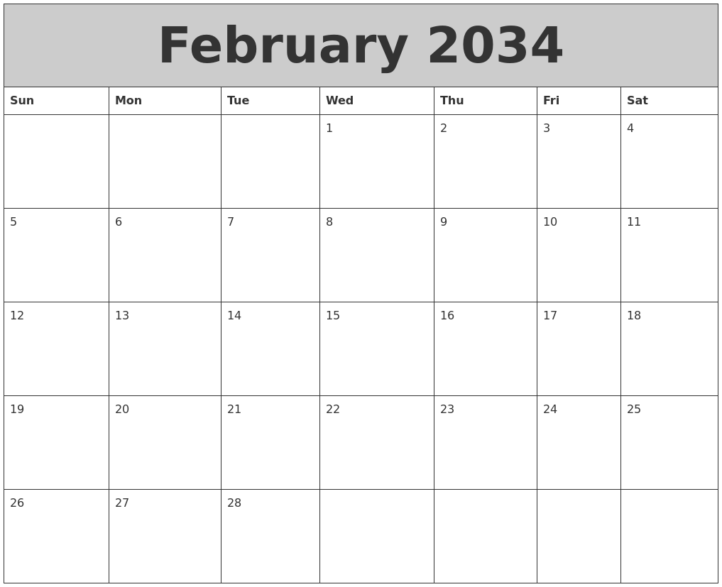 February 2034 My Calendar