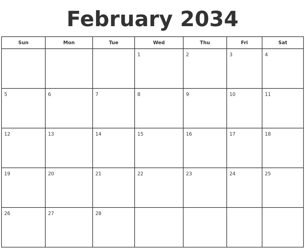February 2034 Print A Calendar