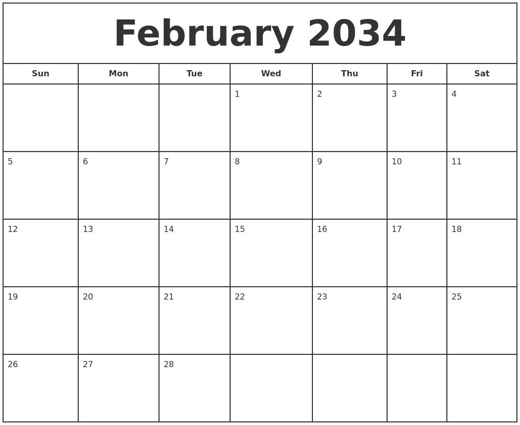 February 2034 Print Free Calendar