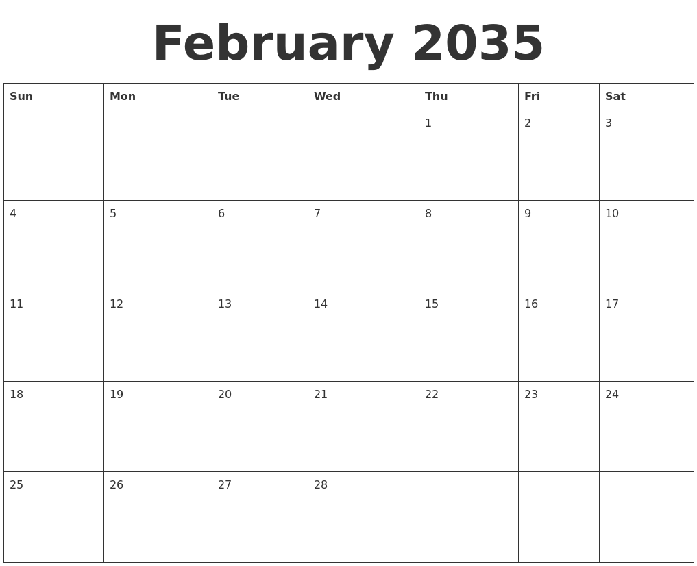 February 2035 Blank Calendar Template