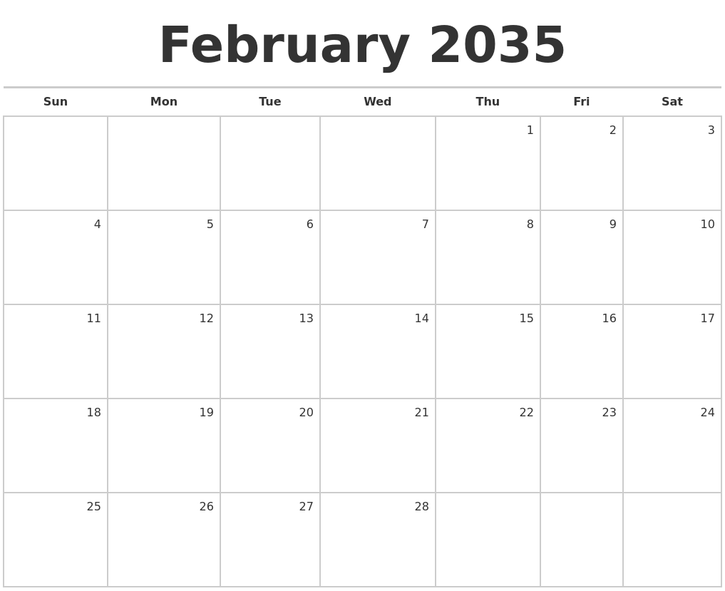 February 2035 Blank Monthly Calendar