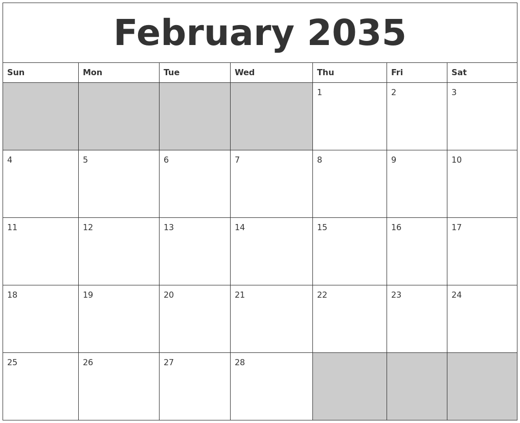 February 2035 Blank Printable Calendar