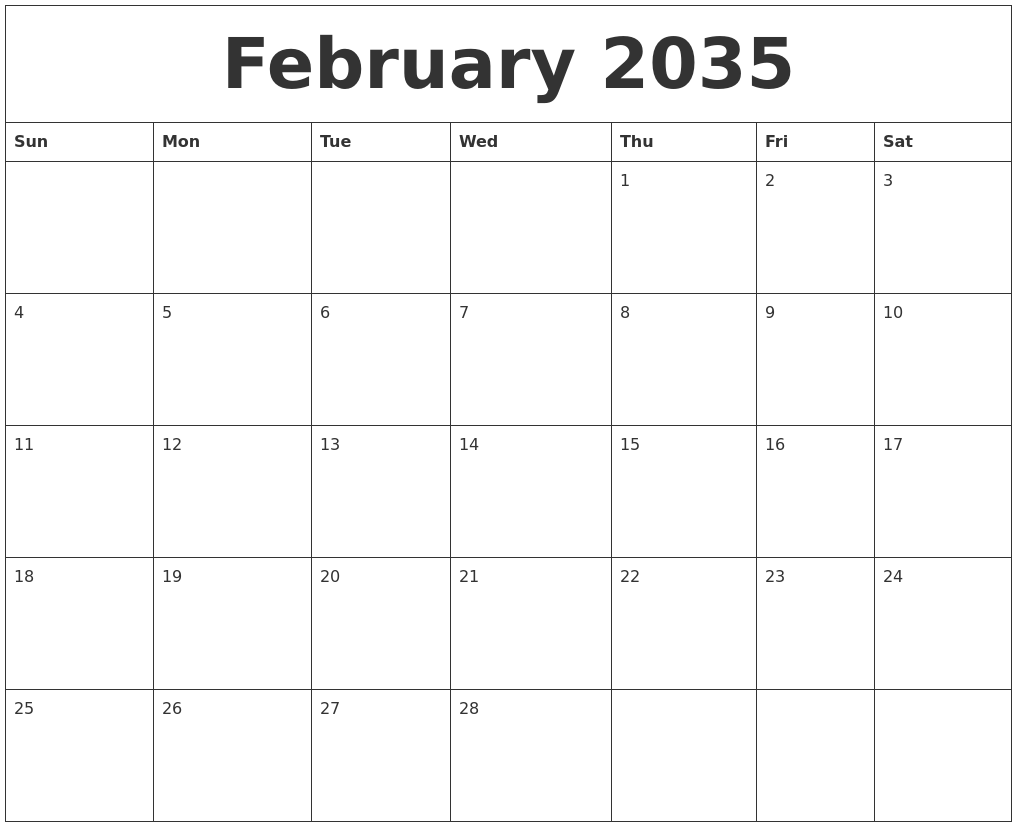 February 2035 Blank Printable Calendars