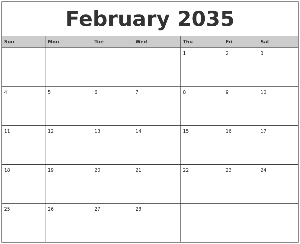 February 2035 Monthly Calendar Printable