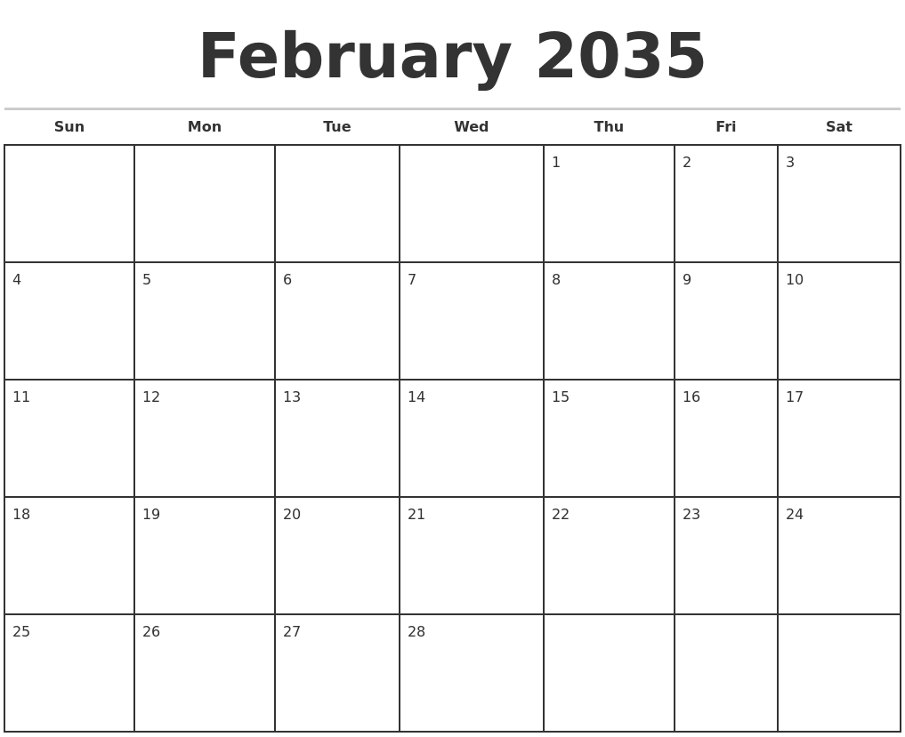 February 2035 Monthly Calendar Template